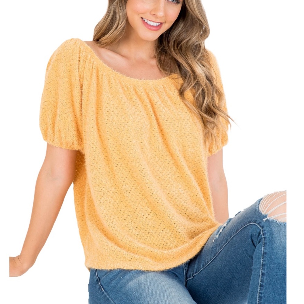 NWOT Mustard Off the Shoulder Soft Bubble Sleeve Sweater